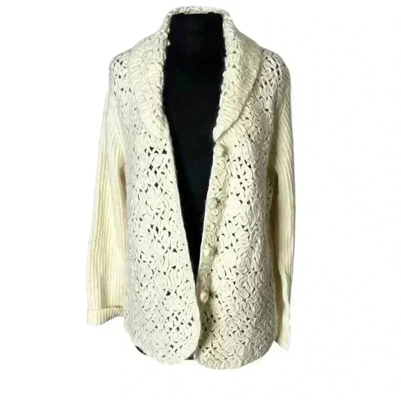 COLDWATER CREEK Vintage Ivory Crochet Ribbed Wool Angora Cardigan Size L - Picture 2 of 10